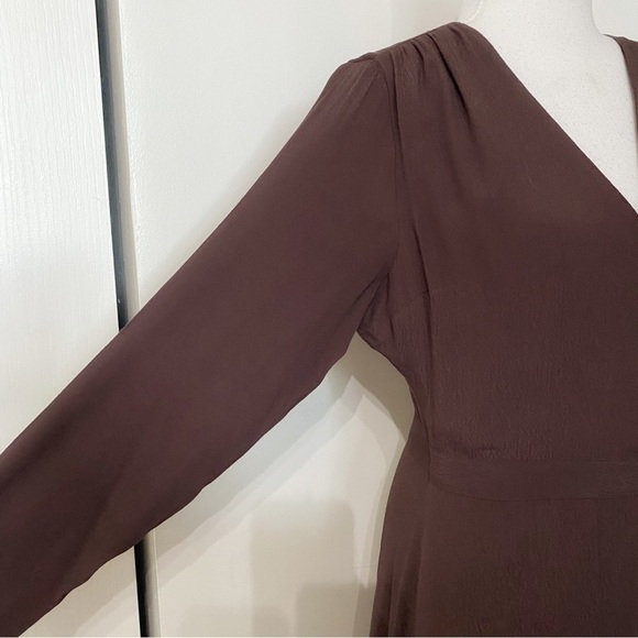 FRANK AND OAK THE WRAP BELTED MINI DRESS IN CHOCOLATE SHIMMER BROWN - S - Picture 5 of 12